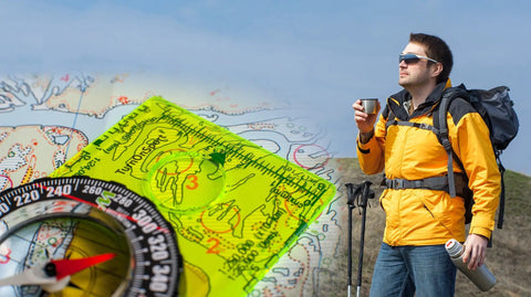 Hiker using Orienteering Compass For Hiking And Camping, Pro-Grade Scout Tool For Map Reading And Navigation with landscape map.