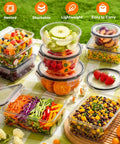 50 Piece Food Storage Set With Lids For Kitchen Organization And Meal Prep Reusable BPA Free Plastic Containers filled with fruits and salad on a picnic blanket