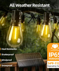 50ft Solar String Lights Outdoor With Remote Control S14 Bulbs Dimmable 3 Modes Waterproof And Shatterproof, wet weather