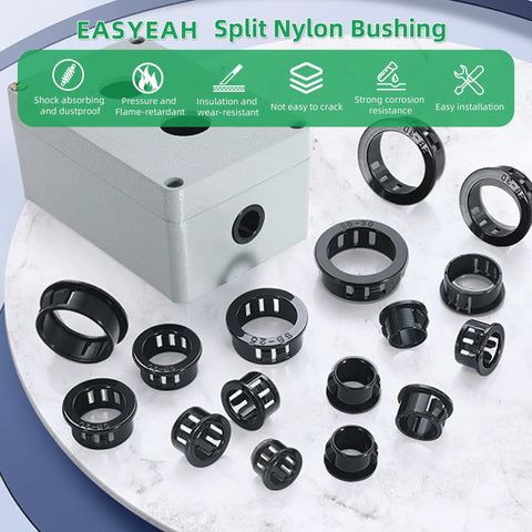 Snap-In Knockout Bushing Grommets 1/2 Inch Black Nylon Plastic Cable Hole Grommets for Wiring and Electrical Installations shown around a junction box