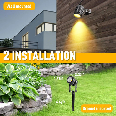 Low Voltage Outdoor LED Landscape Spotlights Set 12V Plug In IP65 Waterproof showing wall mounted and ground inserted options