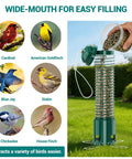Front view of Squirrel Proof Metal Bird Feeder for Outdoors Hanging with 3.6 lb Seed Capacity next to bird illustrations