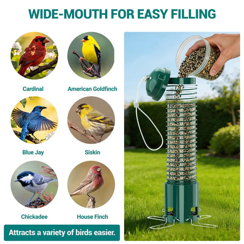 Front view of Squirrel Proof Metal Bird Feeder for Outdoors Hanging with 3.6 lb Seed Capacity next to bird illustrations