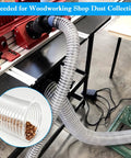 Heavy Duty 4 By 50 Feet Flexible PVC Hose Kicks Up Sawdust Clean With Puncture Resistant Build For Smooth Suction And Easy Tool Hookups In Every Workshop Setup connected to woodworking equipment.