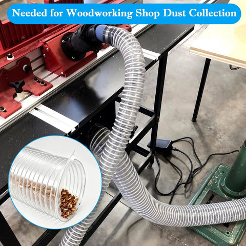 Heavy Duty 4 By 50 Feet Flexible PVC Hose Kicks Up Sawdust Clean With Puncture Resistant Build For Smooth Suction And Easy Tool Hookups In Every Workshop Setup connected to woodworking equipment.
