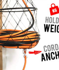 Portable Cord Winder Organizer with orange cable in mesh holder, showcasing weight support and cord anchor for tidy setup.
