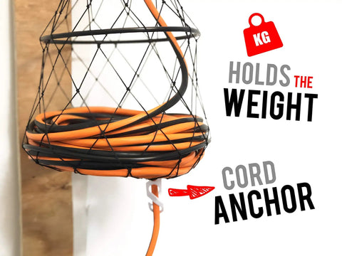 Portable Cord Winder Organizer with orange cable in mesh holder, showcasing weight support and cord anchor for tidy setup.