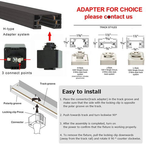 Installation guide for Circular Dimmable Pendant Light For Track Systems showing H Type adapter and track setup.