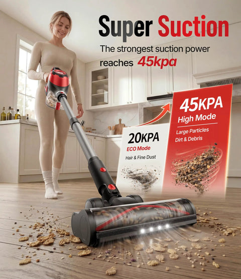 Heavy Duty Cordless Stick Vacuum With 45Kpa Beast Mode Suction And Smart Display, 1.5L Dust Bin, 40 Min Runtime, Lightweight Rechargeable Handheld For Pet Hair Carpet Hardwood Floors Cars Crimson in use on a wooden floor.