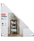 Hella Weather Resistant Plastic Corner Shelving Unit With Four Roomy Tiers Keeps Humidity Out Perfectly, angled display on packaging.