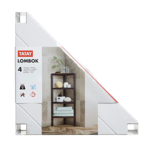 Hella Weather Resistant Plastic Corner Shelving Unit With Four Roomy Tiers Keeps Humidity Out Perfectly, angled display on packaging.