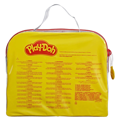 Kid Friendly 9 Piece Starter Set With Storage Tote And Four Modeling Cans for Arts and Crafts Ages 3 and Up Back To School Classroom Supplies and Preschool Toys That Travel Well, yellow Play-Doh carrying tote with zipper.