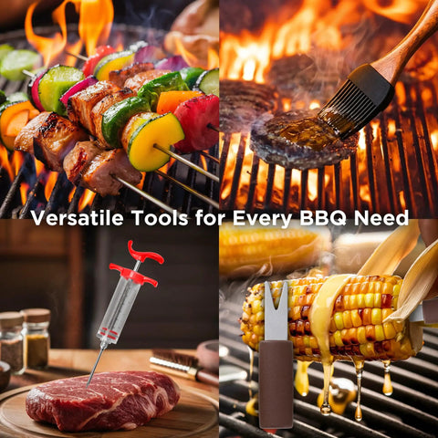 Heavy Duty 35 Piece BBQ Grill Tools Set In Stainless Steel With Case Includes Meat Thermometer Injector Claws Mats Spatula Tongs Forks Knife