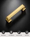 Six Pack 3 Inch Hole Center Cabinet Pulls In Brushed Gold Brass Finish Zinc Alloy Solid Drawer Handles For Kitchen Cabinets 3.7 Inch Overall Length Modern Sleek Hardware With Durable Finish And Easy Install, close-up on black background.