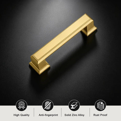 Six Pack 3 Inch Hole Center Cabinet Pulls In Brushed Gold Brass Finish Zinc Alloy Solid Drawer Handles For Kitchen Cabinets 3.7 Inch Overall Length Modern Sleek Hardware With Durable Finish And Easy Install, close-up on black background.