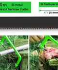 10 Pack 6 Inch Bi-Metal HSS Mini Hacksaw Blades 24 TPI For Mini And Primary Hacksaws Cuts Wood Metal Plastic PVC Aluminum Copper Brass Heat Treated Pro Grade Durable Wavy Teeth For Clean Fast Cuts cutting metal and bone with green hacksaw
