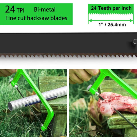 10 Pack 6 Inch Bi-Metal HSS Mini Hacksaw Blades 24 TPI For Mini And Primary Hacksaws Cuts Wood Metal Plastic PVC Aluminum Copper Brass Heat Treated Pro Grade Durable Wavy Teeth For Clean Fast Cuts cutting metal and bone with green hacksaw