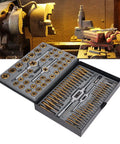 Ultimate 86 Piece Tap Die Set With Hardened Carbide Tools For Automotive Repair And Rethreading Fasteners In Metric And SAE Sizes Plus Storage Box For Pros Who Need Heavy Duty Gear, open case