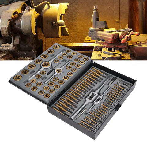 Ultimate 86 Piece Tap Die Set With Hardened Carbide Tools For Automotive Repair And Rethreading Fasteners In Metric And SAE Sizes Plus Storage Box For Pros Who Need Heavy Duty Gear, open case