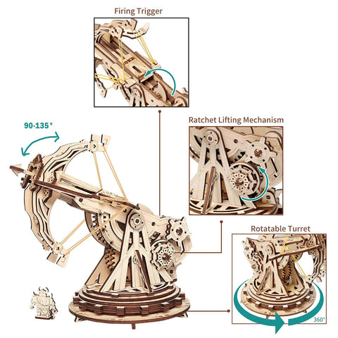 Hands On 3D Wooden Ballista Launcher Kit For Adults DIY Puzzle Model Toy And STEM Project That Feels Like Real Mechanical Fun Built For Solo Or Team Play Mindful Crafting And Endless Replay Value, 360° base