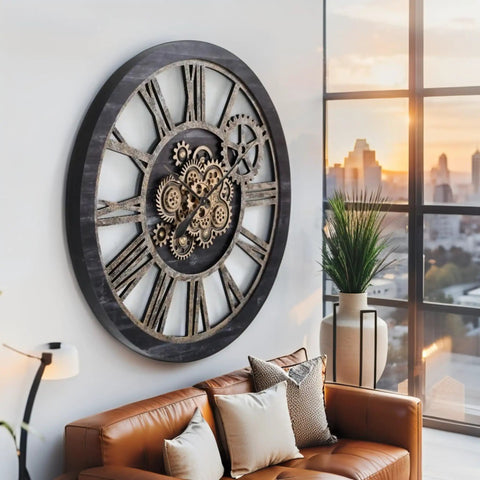 36 Inch Oversized Wall Clock With Real Moving Gears Vintage Industrial Decor Rustic Farmhouse Accent Piece Black Wood Bronze Finish mounted on wall above a modern sofa