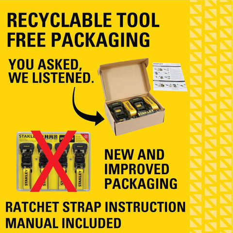 New packaging of Heavy Duty Beefy Ratchet Tie Down Straps 1.5 Inch Wide 16 Foot Long Black And Yellow 3300 Lb Break Strength Four Pack