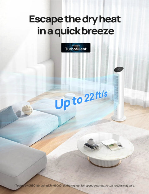 Living room with Evaporative Swamp Cooler Tower Fan Beast Mode Cooling, 40 Inch Standing Bladeless Cooler by window