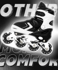 Inline skate with black and white design, featuring 8 Pack 76mm Inline Skate Wheels With Bearings For Indoor And Outdoor Replacement.