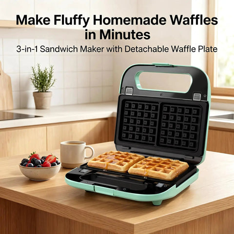 Keinve 3 In 1 Sandwich Maker Waffle Press And Panini Grill With Non Stick Plates Cool Touch Handle Compact Kitchen Tool with waffles