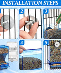 Installation steps for Straight-Up No-Mess Bird Feeder And Water Dispenser Set featuring automatic drinkers and food bowls.