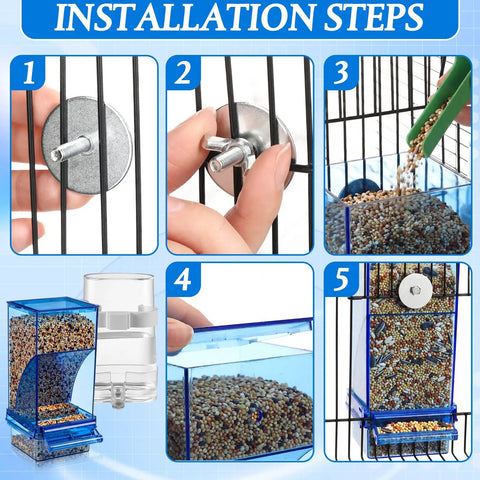 Installation steps for Straight-Up No-Mess Bird Feeder And Water Dispenser Set featuring automatic drinkers and food bowls.