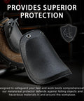 Close-up view of Beefy Heavy Duty Metatarsal Guard Toe Protector Set 2 Pieces for Work Boots with leather outer shield on boots.