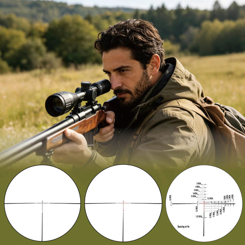 Man using Springer Air Rifle Scope 3 To 9X40 AO with illuminated mil-dot reticle for mid-range target shooting in outdoor setting.