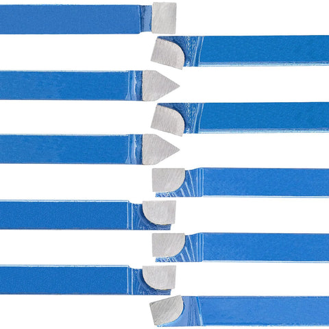 PNBO 1/4in metal lathe tooling set, 10 carbide-tipped cutter tools with blue shanks for turning, boring, and chamfering