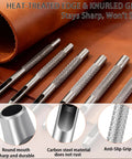 Six Size Hollow Leather Punch Set With Knurled Grip For Belts And Watch Straps Carbon Steel Hole Punch Tools Pro Grade 1.5mm To 4mm Easy To Use For Leather Craft With Size Markings For Diy Projects showing six carbon steel punches and knurled grip