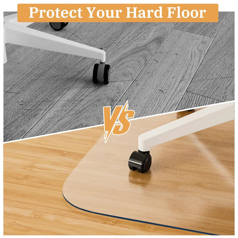 Clear Chair Mat For Hardwood Floors 46 By 60 Inches Desk Floor Protector Heavy Duty Non Slip Mat For Rolling And Gaming Chairs Durable Computer Mat For Home Office, showing mat protecting hardwood floor from chair wheels.