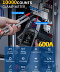 Beast Precision Digital Clamp Meter 600A TRMS measuring voltage and current in an electrical panel, NCV Live Wire Detection.