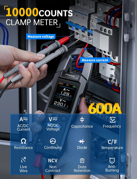 Beast Precision Digital Clamp Meter 600A TRMS measuring voltage and current in an electrical panel, NCV Live Wire Detection.