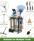Built Tough Garden Tool Organizer Rack For Garage Or Shed Holds Up To Fifty Tools With Thirty Five Vertical Slots And Eleven Side Hooks shown with various garden tools.