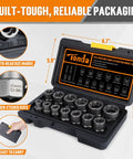 16 Piece Bolt Extractor Kit For Stripped Rusted And Broken Nuts And Screws With Three Eighths Inch Drive Impact Adapter And Knock Out Pin Gloves Heavy Duty Socket Set For Rounded Hardware in a black carrying case with labeled sockets