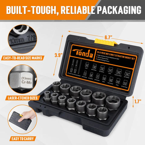 16 Piece Bolt Extractor Kit For Stripped Rusted And Broken Nuts And Screws With Three Eighths Inch Drive Impact Adapter And Knock Out Pin Gloves Heavy Duty Socket Set For Rounded Hardware in a black carrying case with labeled sockets