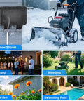 Double Outdoor Electrical Outlet With IP66 Weatherproof Cover, 2-Gang Outdoor Plug Box, Dustproof And Close Enclosed Design For Patios, Gardens, And Decks, Durable Waterproof Power Source For Wet Environments. White outdoor wall outlet with sealed cover, shown for snow shovel, garden, party, and pool use.