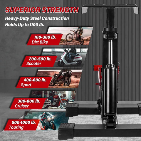 Heavy Duty 1000Lbs Dirt Bike Stand And Powersport Hydraulic Jack For Maintenance, Stable Garage Ready Motorcycle Lift Center Stand With Steel Construction, Built To Last For Dirt Bikes, Street Bikes, And Other Powersport Machines