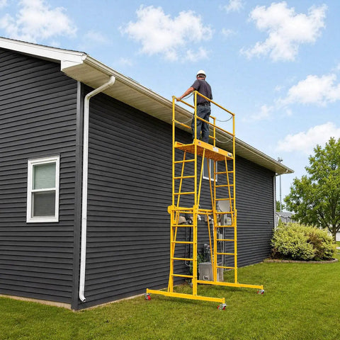 Heavy Duty Adjustable Work Platform Featuring Locked Safety Rails Acts As A Slick Scaffolding Alternative That Rolls Straight Through Standard Doorways For Tight Indoor Or Outdoor Projects Up To Eleven Feet High