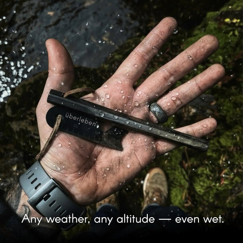 Hand holding Hexå Go To Ferro Rod Fire Starter Survival Tool For 6 Inch Long Hexagon Fire Steel With Multi Tool Striker