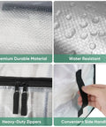 Four-panel image showing details of Six Pack Oversized Moving Bags With Reinforced Handles, including material, zippers, and handle.