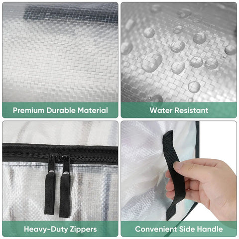 Four-panel image showing details of Six Pack Oversized Moving Bags With Reinforced Handles, including material, zippers, and handle.