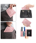 Person placing RFID Passport Holder For Travel Wallet With Pen Loop Elastic Closure And PU Leather Card Holder in bag, pocket