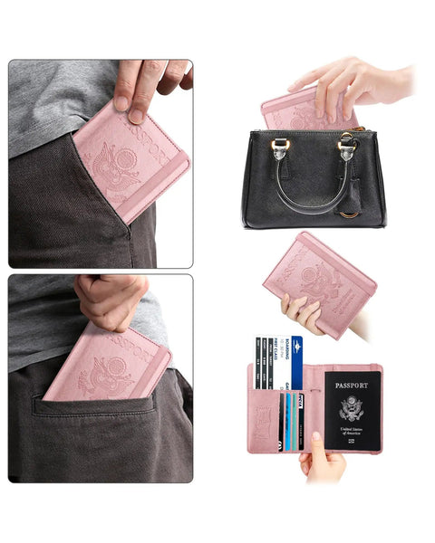 Person placing RFID Passport Holder For Travel Wallet With Pen Loop Elastic Closure And PU Leather Card Holder in bag, pocket