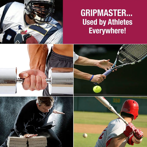 Collage of athletes using Gripmaster Hand Exerciser For Finger Strength And Rehab Great For Grip Gains Isolates Each Finger